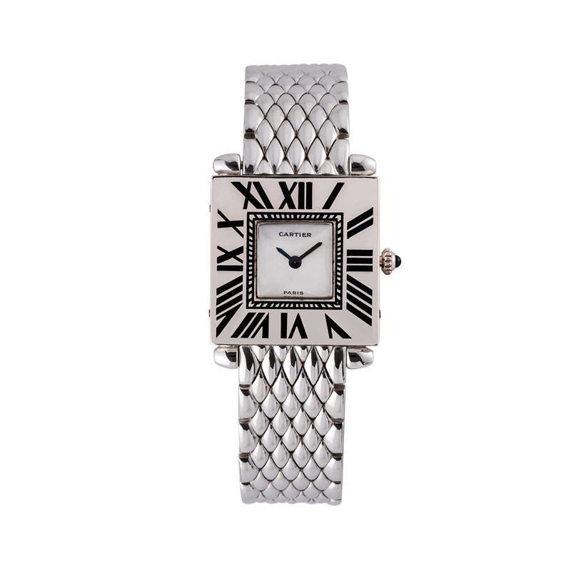 CARTIER - OBUSOROLOGIO SOLO TEMPO AL QUARZO IN ORO BIANCO 18KT CON QUADRANTE MADREPERLA.