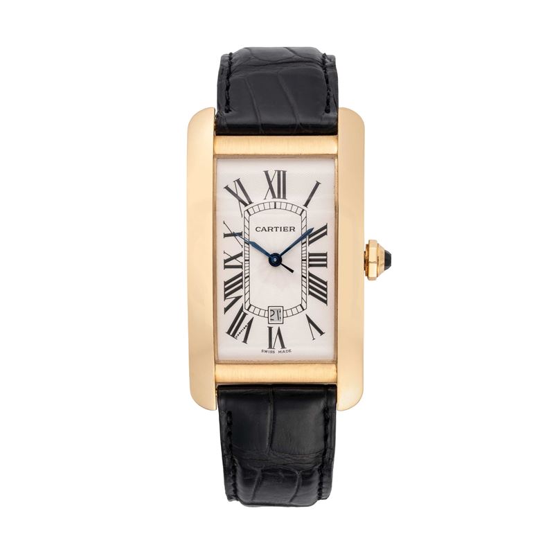 CARTIER - TANK AMERICAINEOROLOGIO A CARICA AUTOMATICA IN ORO GIALLO 18KT, QUADRANTE BIANCO E DATA...