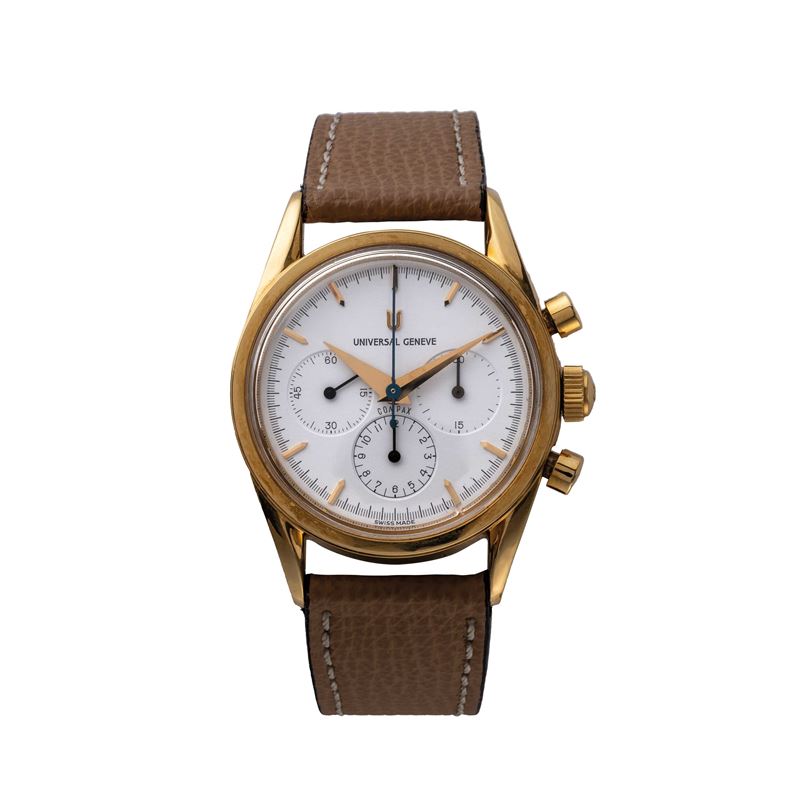 UNIVERSAL GENEVE - COMPAXCRONOGRAFO MANUALE IN ORO GIALLO 18KT CON QUADRANTE BIANCO A TRE CONTATO...