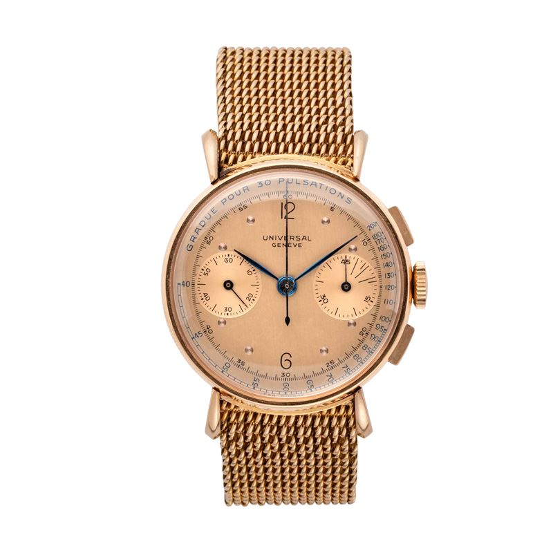 UNIVERSAL GENEVE - CRONOGRAFO PULSOMETRICOOROLOGIO A CARICA MANUALE IN ORO ROSA 18KT CON ANSE DI ...