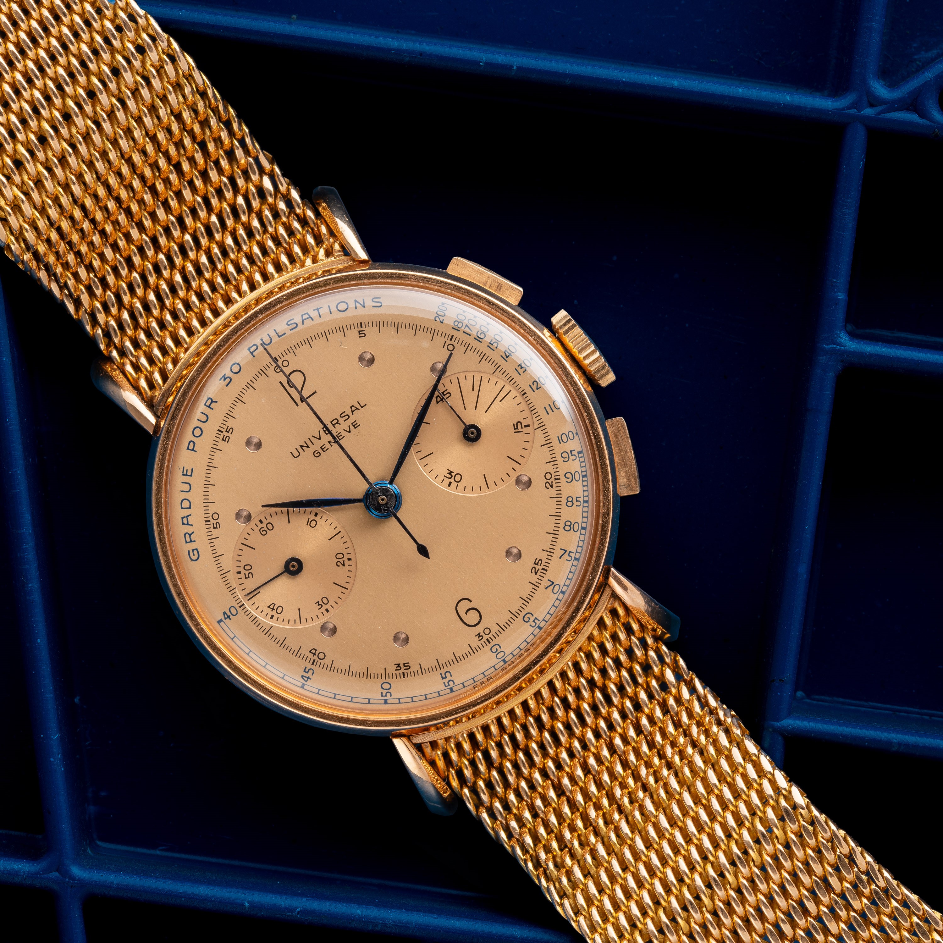 UNIVERSAL GENEVE - CRONOGRAFO PULSOMETRICOOROLOGIO A CARICA MANUALE IN ORO ROSA 18KT CON ANSE DI ...