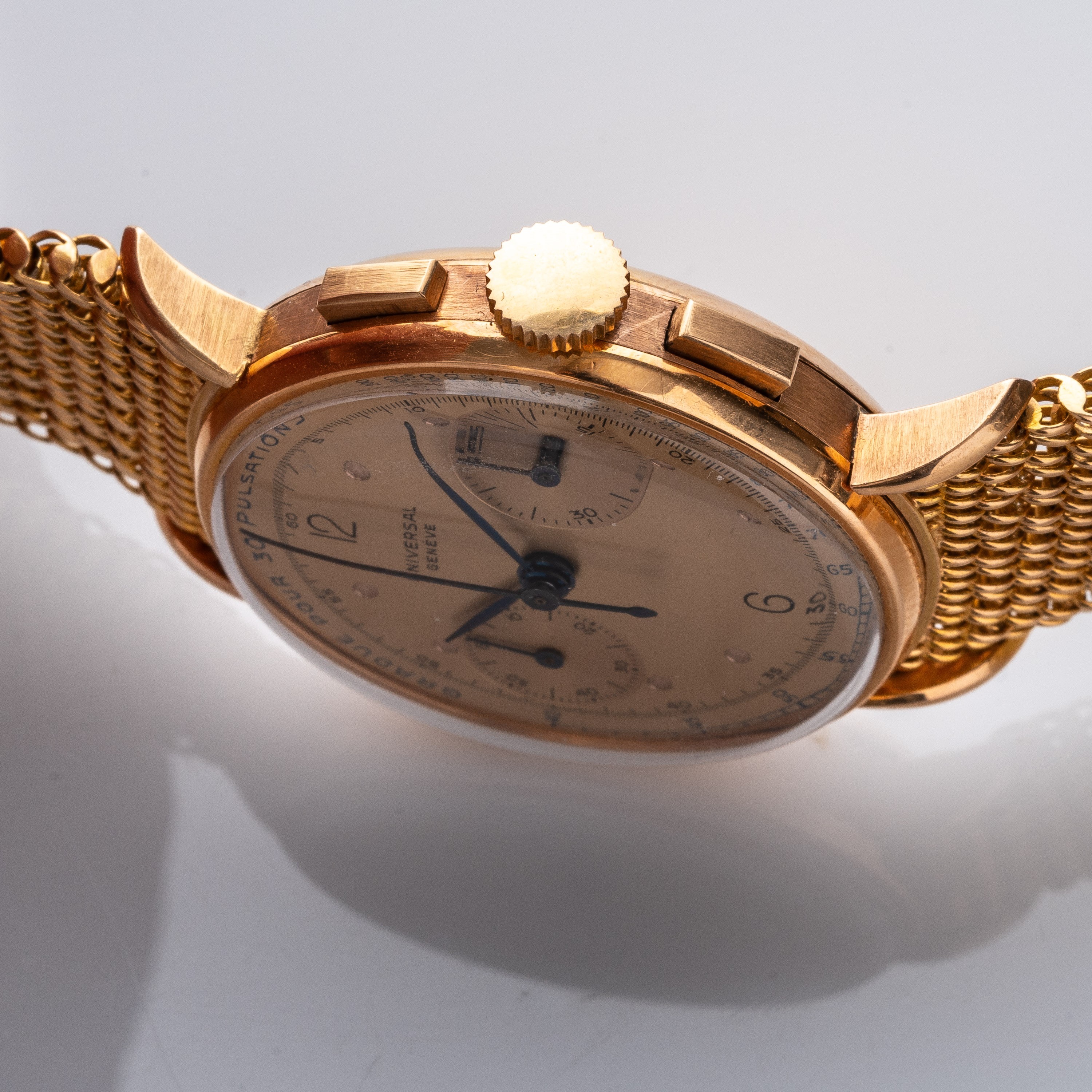 UNIVERSAL GENEVE - CRONOGRAFO PULSOMETRICOOROLOGIO A CARICA MANUALE IN ORO ROSA 18KT CON ANSE DI ...