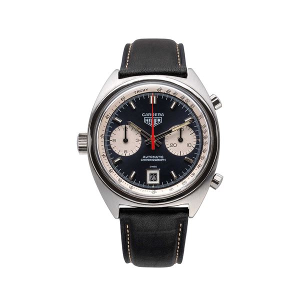 HEUER : HEUER - CARRERA CRONOGRAFO AUTOMATICO IN ACCIAIO CON CORONA AD ORE NOVE, QUADRANTE BLU E DATARIO AD ORE SEI.  - Asta THE ONE For passionate only - Spangaro & Co Aste