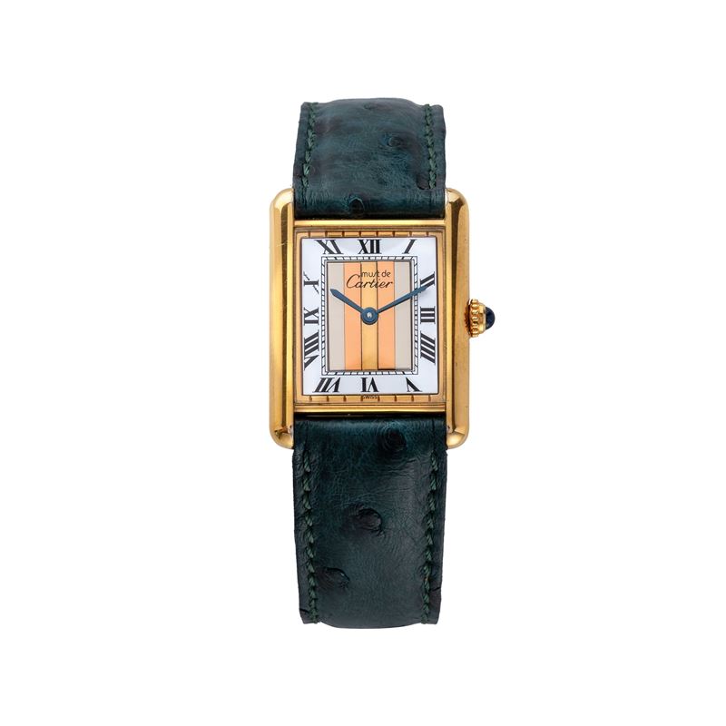 CARTIER - MUST DEOROLOGIO SOLOTEMPO IN ARGENTO PLACCATO ORO AL QUARZO, QUADRANTE TRE ORI.