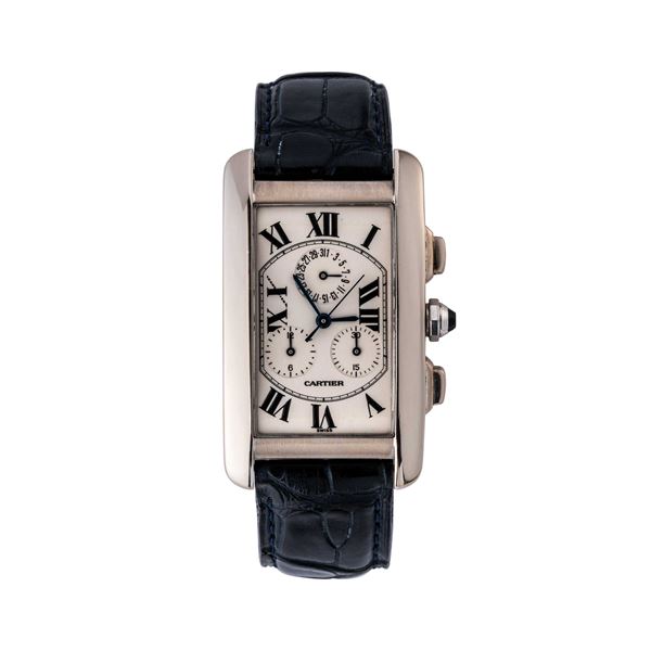 CARTIER : CARTIER - AMERICAINE CRONOGRAFO AL QUARZO IN ORO BIANCO 18KT CON DEPLOYANTE IN ORO BIANCO, QUADRANTE BIANCO.  - Asta THE ONE For passionate only - Spangaro & Co Aste