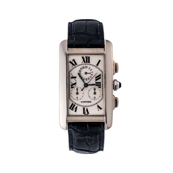 CARTIER : CARTIER - AMERICAINE CRONOGRAFO AL QUARZO IN ORO BIANCO 18KT CON DEPLOYANTE IN ORO BIANCO, QUADRANTE BIANCO.  - Auction THE ONE For passionate only - Piccolo Oro di Spangaro & C.