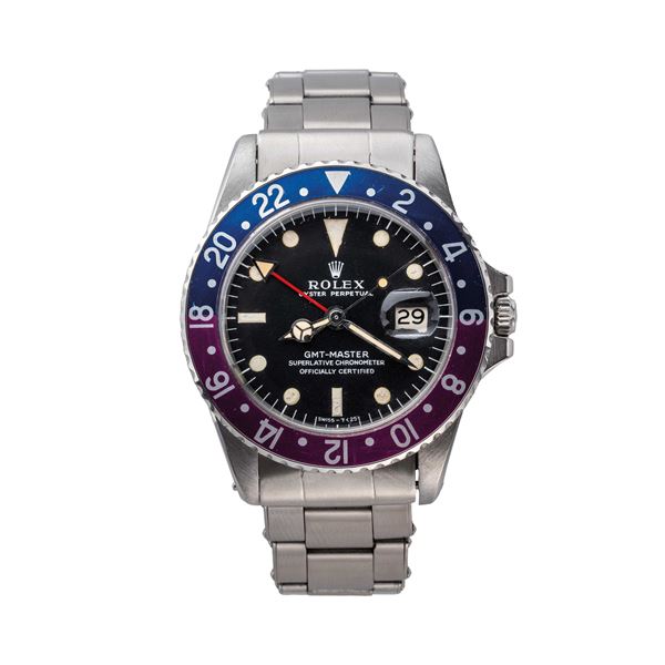 ROLEX - ROLEX - GMT OROLOGIO A CARICA AUTOMATICA IN ACCIAO CON GHIERA BIDIREZIONALE BLU E VIRATA AL FUCSIA E DATARIO AD ORE TRE.