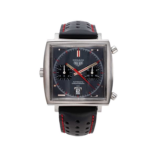 HEUER - HEUER - MONACO OROLOGIO CRONOGRAFICO SPORTIVO A CARICA AUTOMATICA, QUADRANTE GRIGIO E DATARIO AD ORE TRE.