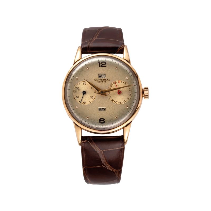 UNIVERSAL GENEVE - TRIPLE CALENDAROROLOGIO A CARICA MANAUALE IN ORO ROSA 18KT CON CALENDARIO, SFE...