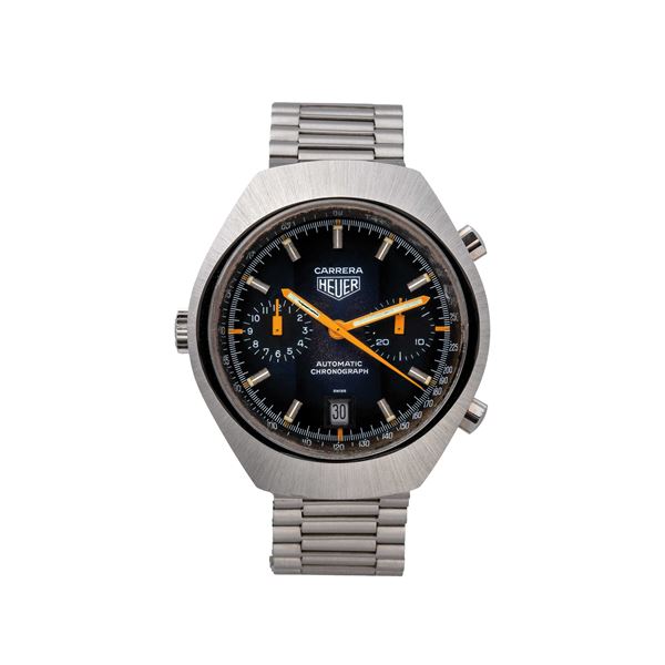 HEUER - HEUER - CARRERA CRONOGRAFO AUTOMATICO SPORTIVO IN ACCIAIO. QUADRANTE BLU DUE CONTATORI, DATARIO AD ORE SEI, SFERE ARANCIONI.