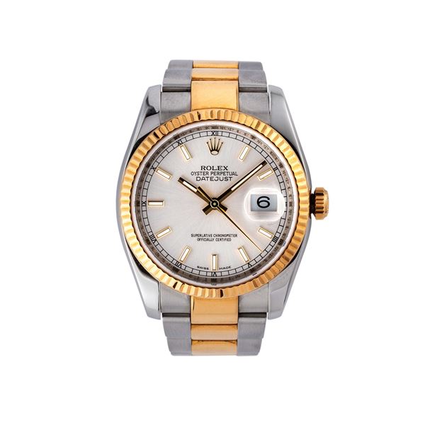 ROLEX - ROLEX - OYSTER PERPETUAL OROLOGIO SOLO TEMPO IN ACCIAIO E ORO 18KT CON QUADRANTE ARGENTE' E DATARIO AD ORE TRE.