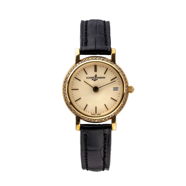 ULYSSE NARDIN - ULYSSE NARDIN - OROLOGIO DA DONNA A CARICA AUTOMATICA IN ORO GIALLO 18 KT CON GHIERA IN DIAMANTI E DATARIO A ORE TRE. 