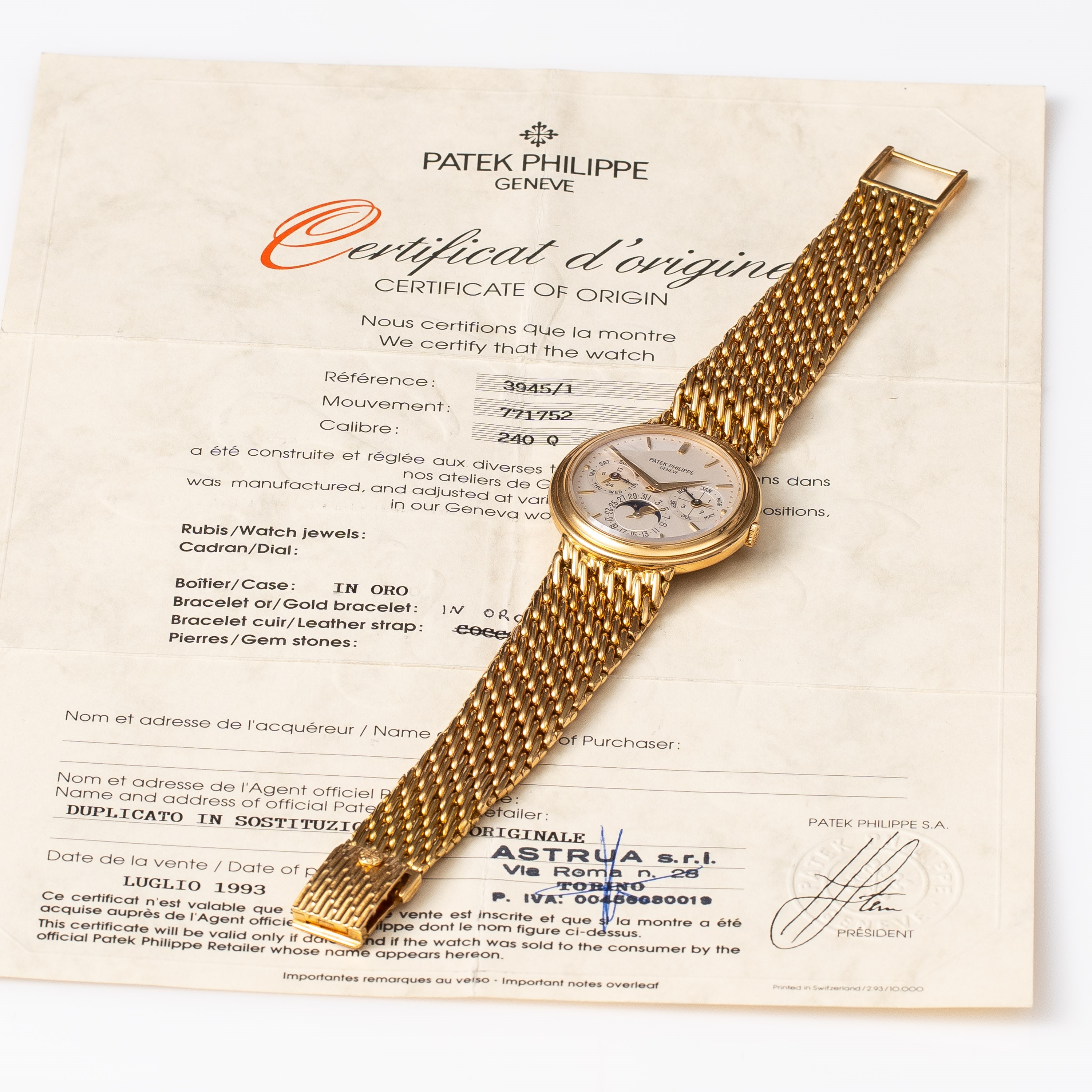 PATEK PHILIPPE - CALENDARIO PERPETUOOROLOGIO A CARICA AUTOMATICA IN ORO GIALLO 18KT CON BRACCIALE...