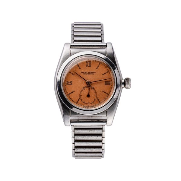 ROLEX - OVETTO OROLOGIO A CARICA AUTOMATICA CON QUADRANTE SALMONE E PICCOLI SECONDI AD ORE SEI.