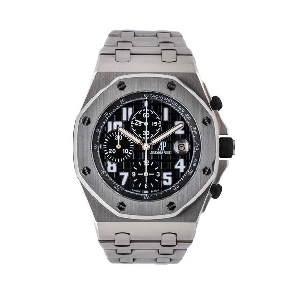 AUDEMARS PIGUET - AUDEMARS PIGUET - ROYAL OAK OFFSHORE CRONOGRAFO AUTOMATICO IN ACCIAIO CON QUADRANTE NERO E DATARIO AD ORE TRE, SCATOLA E GARANZIA.