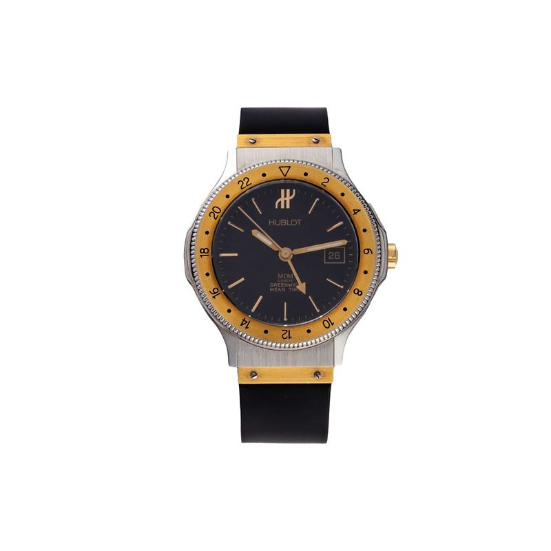 HUBLOT - MDM GMTOROLOGIO GMT A CARICA AUTOMATICA IN ACCIAIO E ORO 18KT CON QUADRANTE NERO.