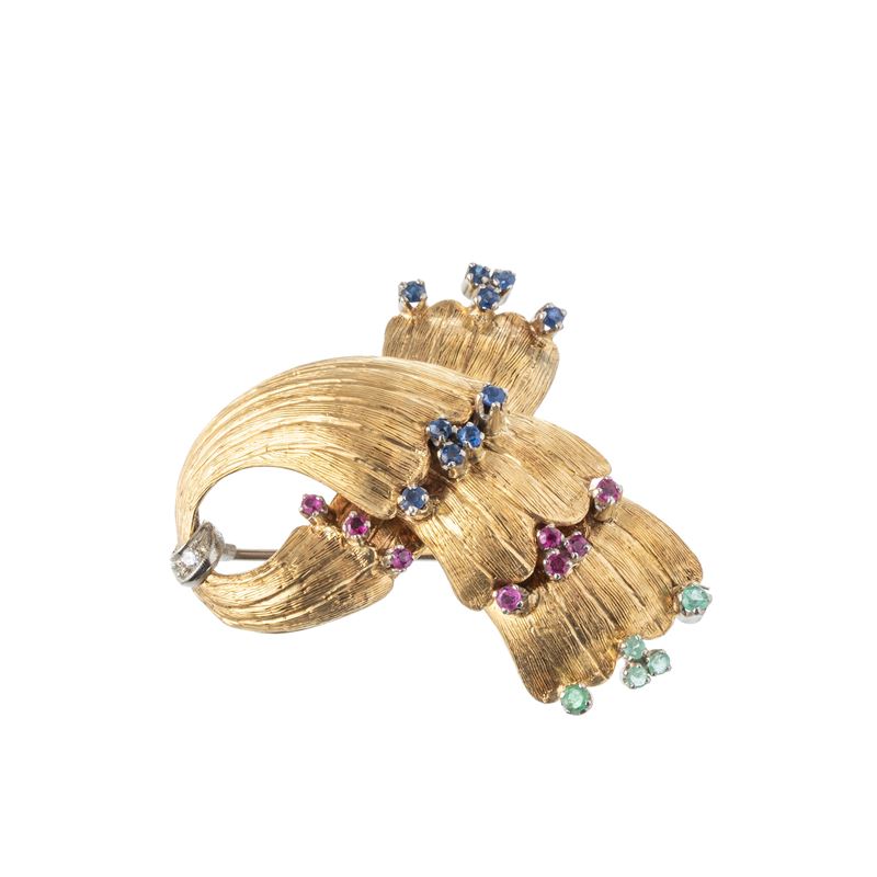 SPILLA IN ORO GIALLO 18KT CON RUBINI E ZAFFIRI