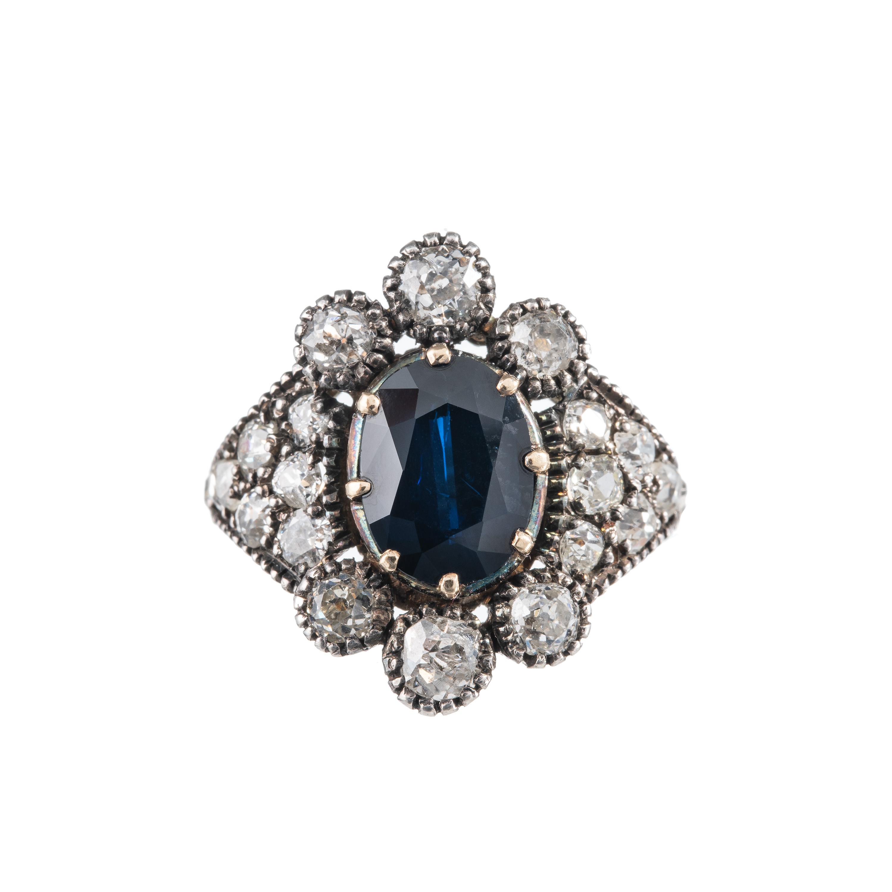 ANELLO IN ORO GIALLO 18KT E ARGENTO CON ZAFFIRO E DIAMANTI CORONE'