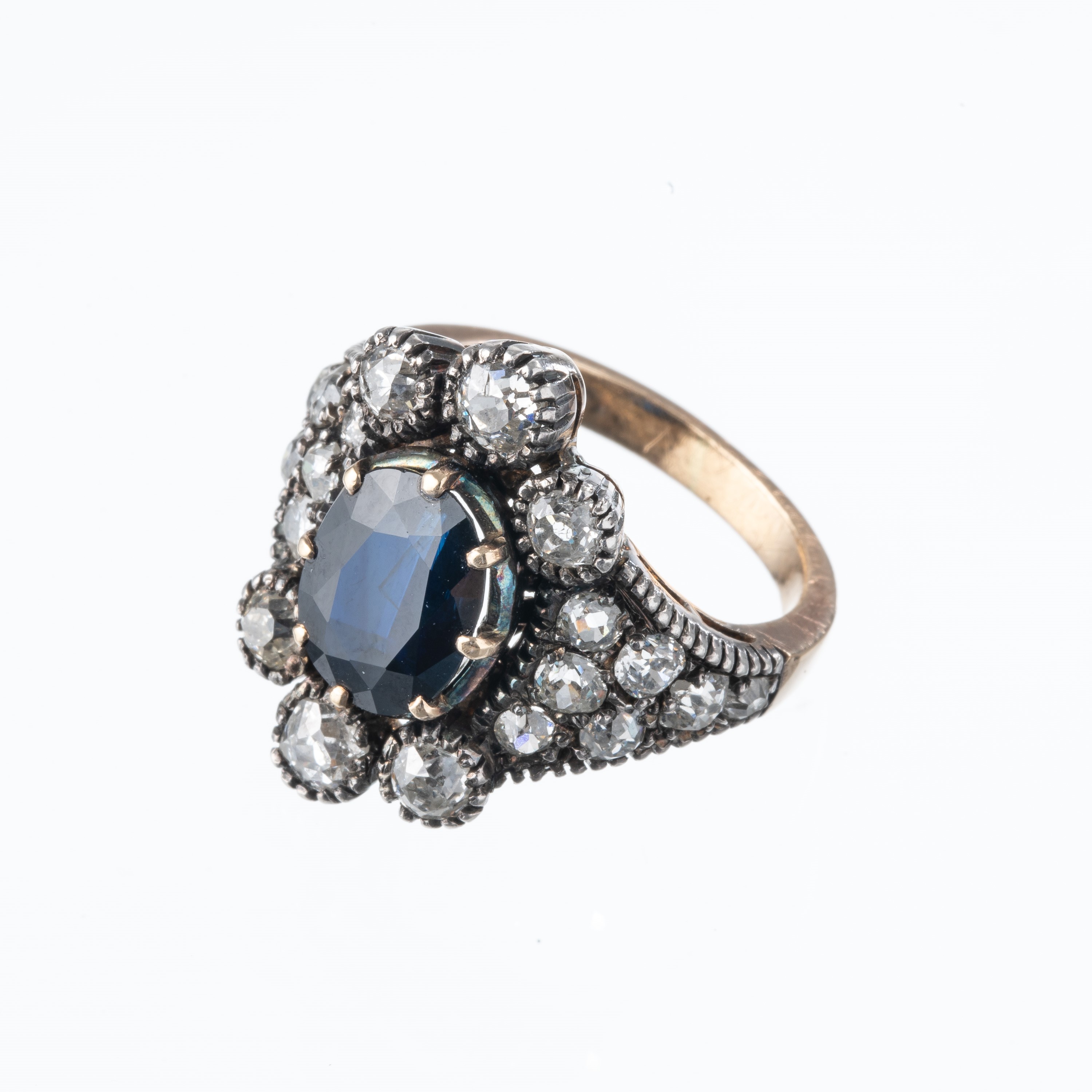 ANELLO IN ORO GIALLO 18KT E ARGENTO CON ZAFFIRO E DIAMANTI CORONE'