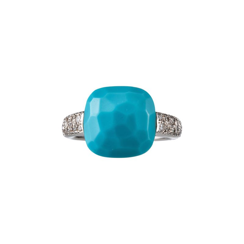 POMELLATO - ANELLO E ORECCHINIANELLO IN ORO BIANCO RODIATO CON TURCHESE A CUSCINO SFACCETTATO E D...