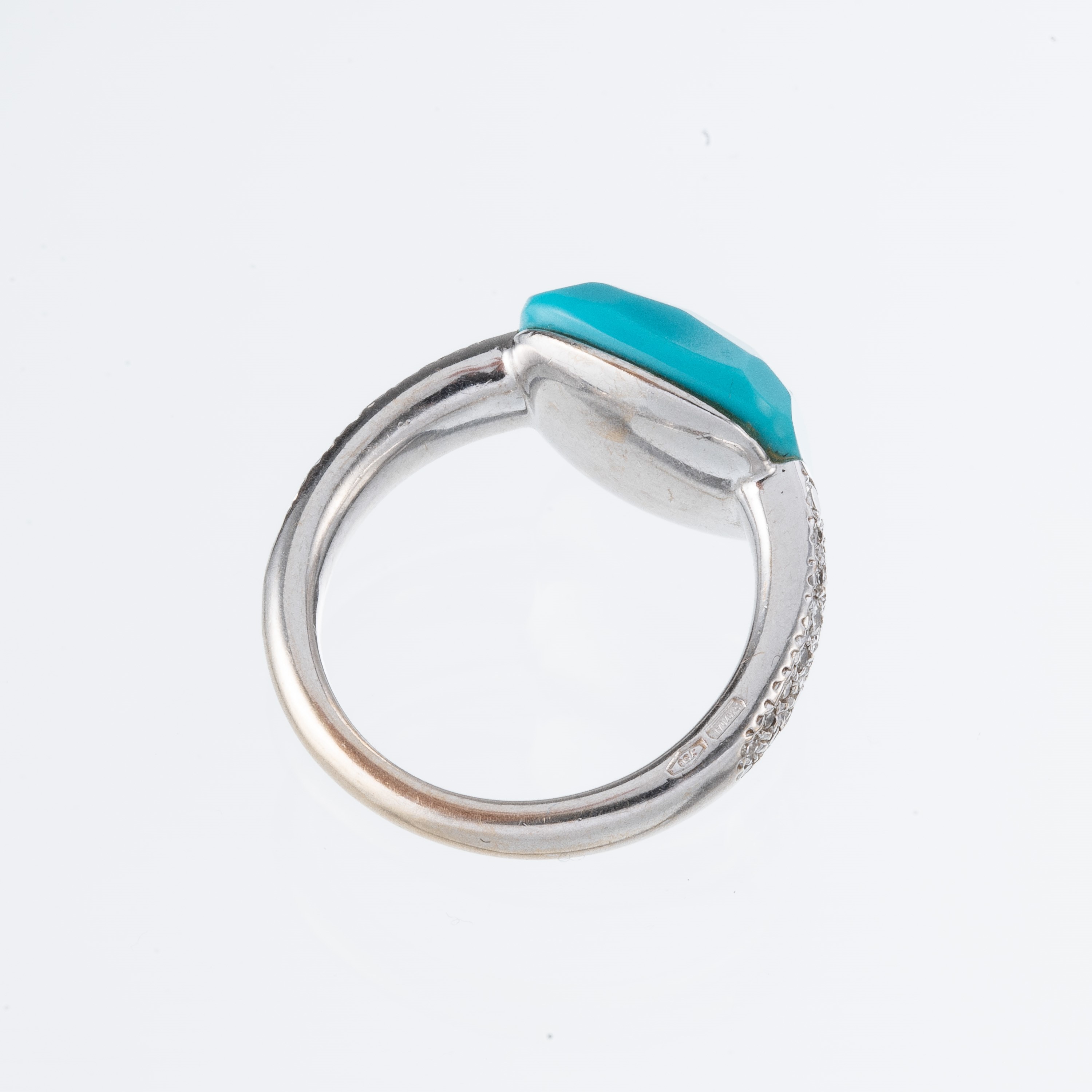 POMELLATO - ANELLO E ORECCHINIANELLO IN ORO BIANCO RODIATO CON TURCHESE A CUSCINO SFACCETTATO E D...