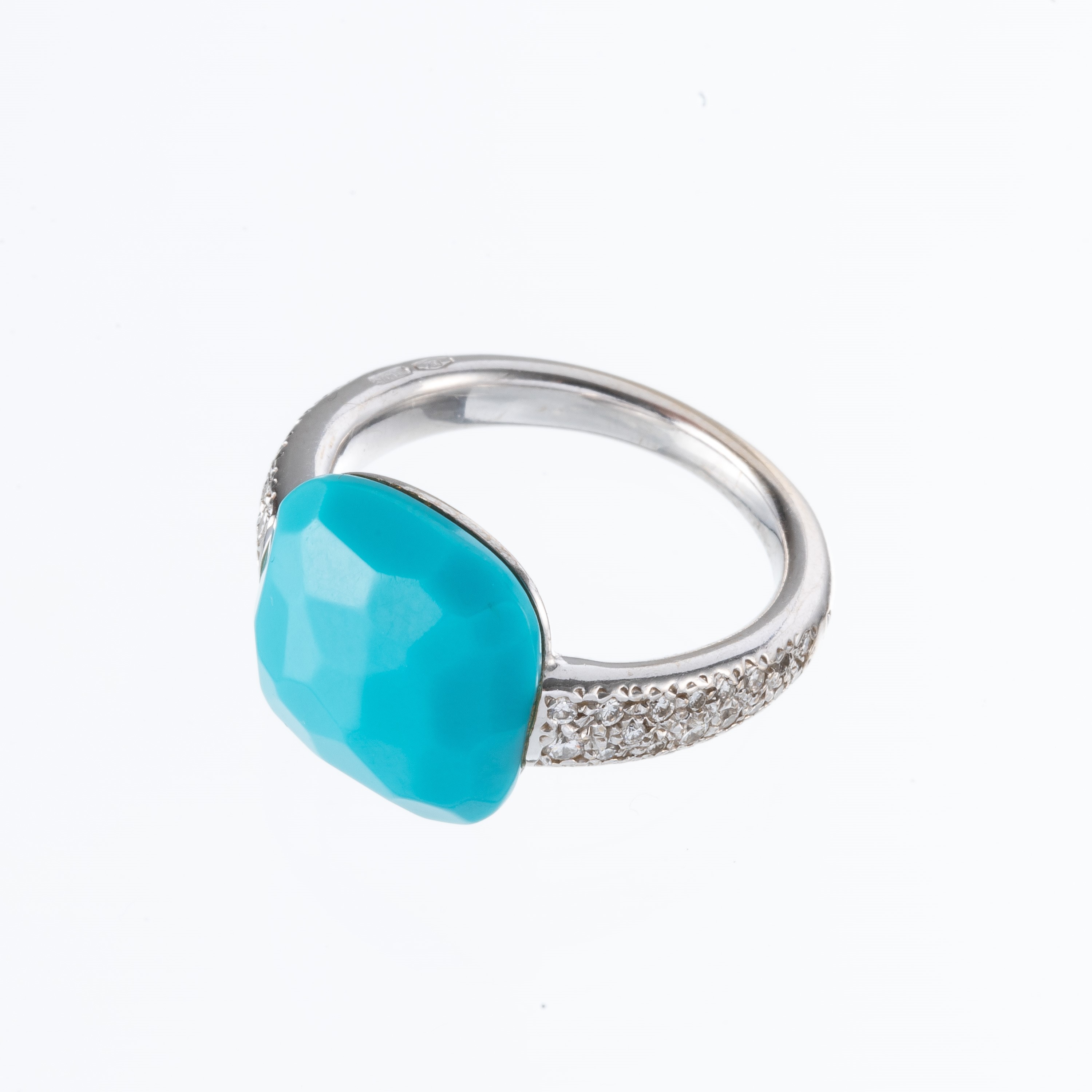 POMELLATO - ANELLO E ORECCHINIANELLO IN ORO BIANCO RODIATO CON TURCHESE A CUSCINO SFACCETTATO E D...