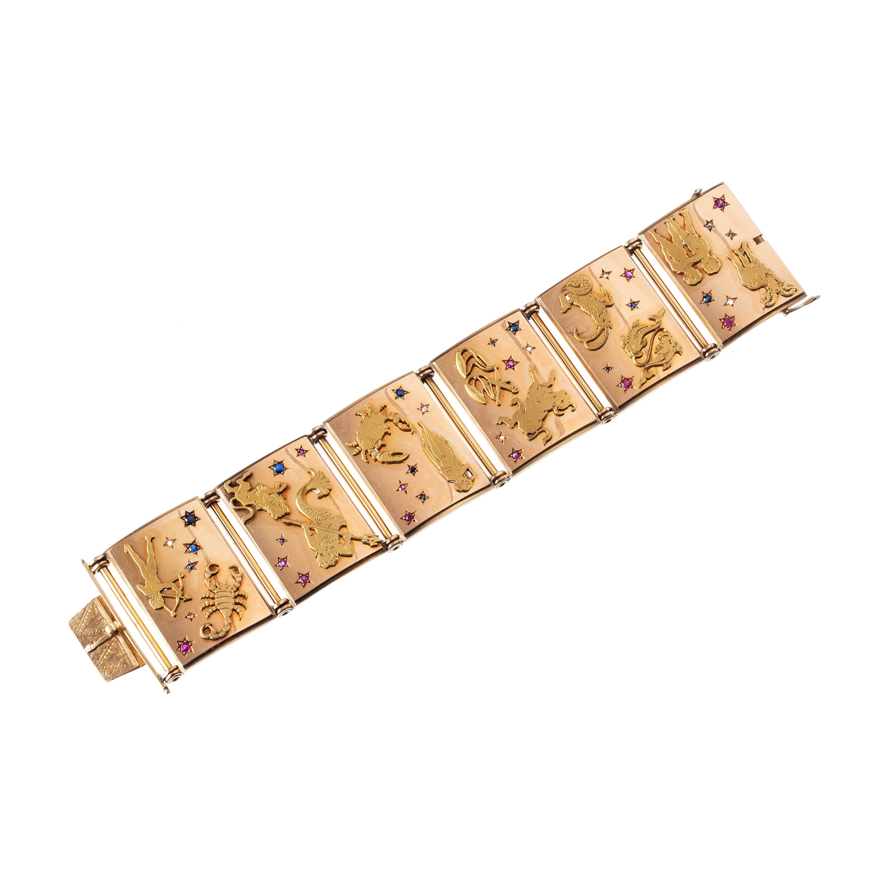 BRACCIALE IN ORO 18 KT RAFFIGURANTE I SEGNI DELLO ZODIACO ORNATO DA PICCOLI ZAFFIRI RUBINI E DIAM...