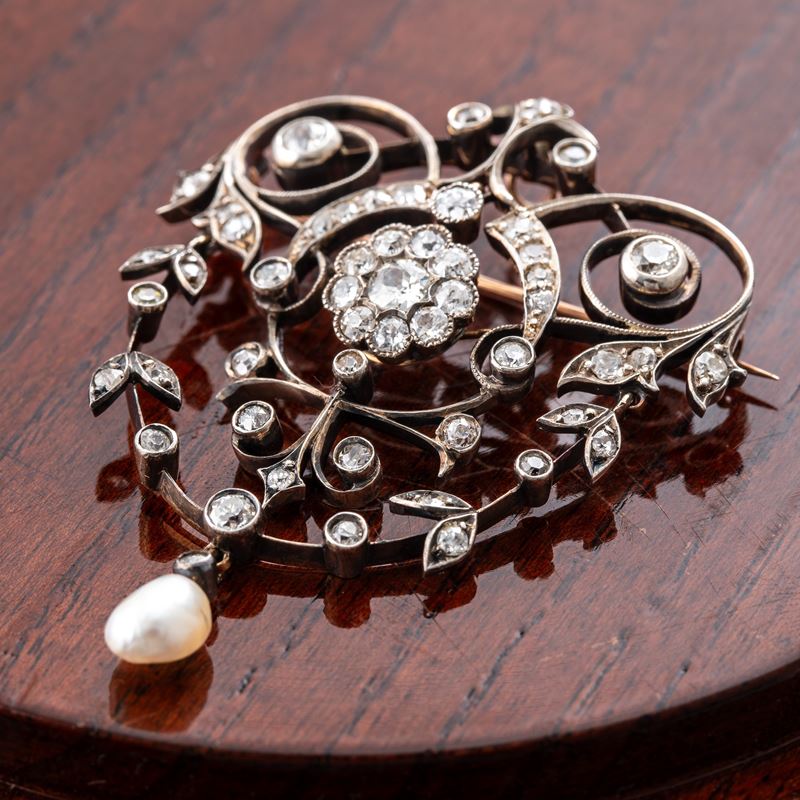 CIONDOLO/SPILLA IN ORO GIALLO 18 KT E ARGENTO CON DIAMANTI