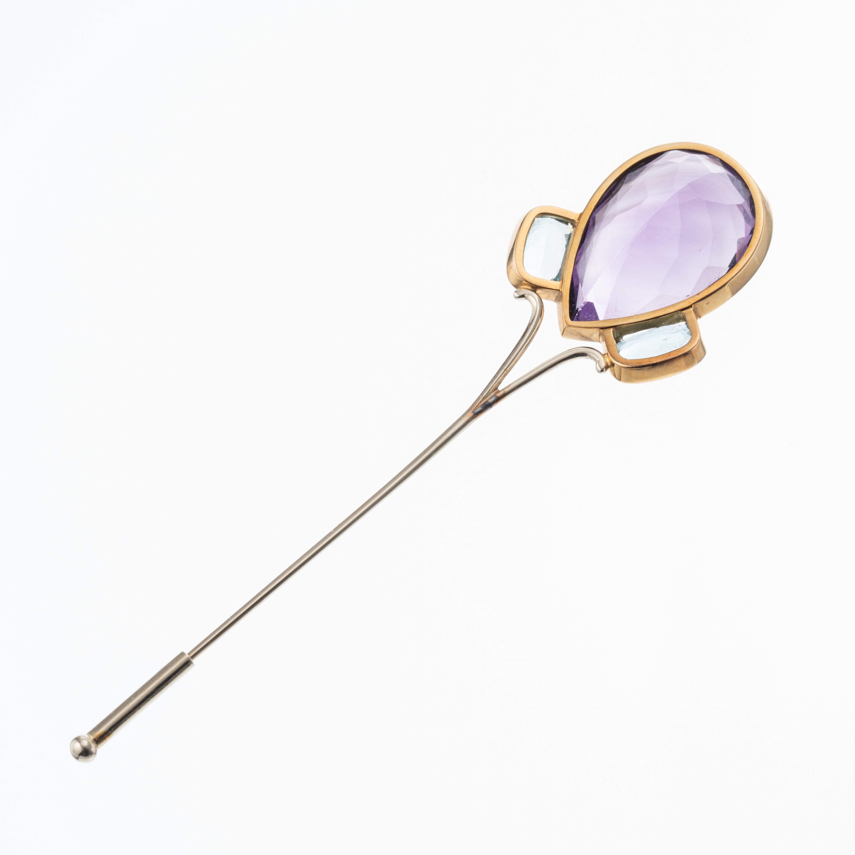 SPILLA IN ORO GIALLO 18KT E ORO BIANCO 18KT CON AMETISTA A GOCCIA E ACQUAMARINE