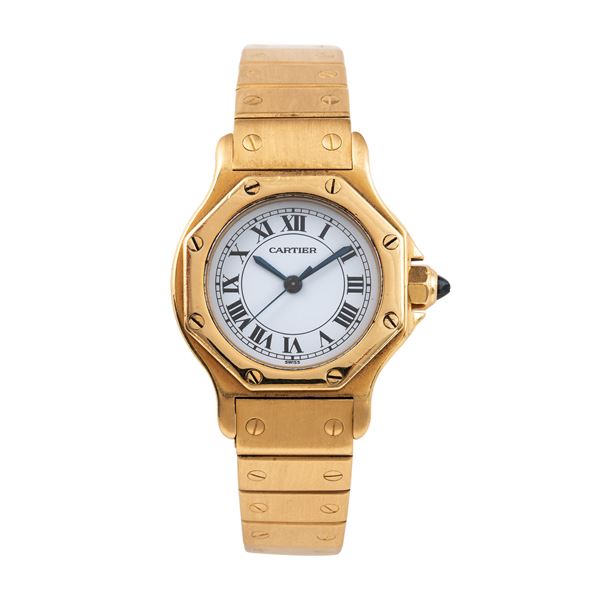 CARTIER - CARTIER - SANTOS OCTAGON OROLOGIO SOLO TEMPO AUTOMATICO DA DONNA IN ORO GIALLO 18KT E QUADRANTE BIANCO.