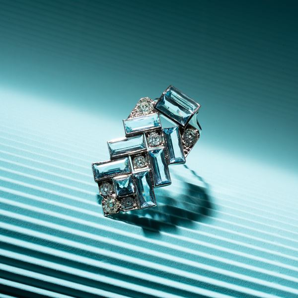 CARTIER PENDANT - CLIP IN 18KT WHITE GOLD AND PLATINUM WITH DIAMONDS AND AQUAMARINES