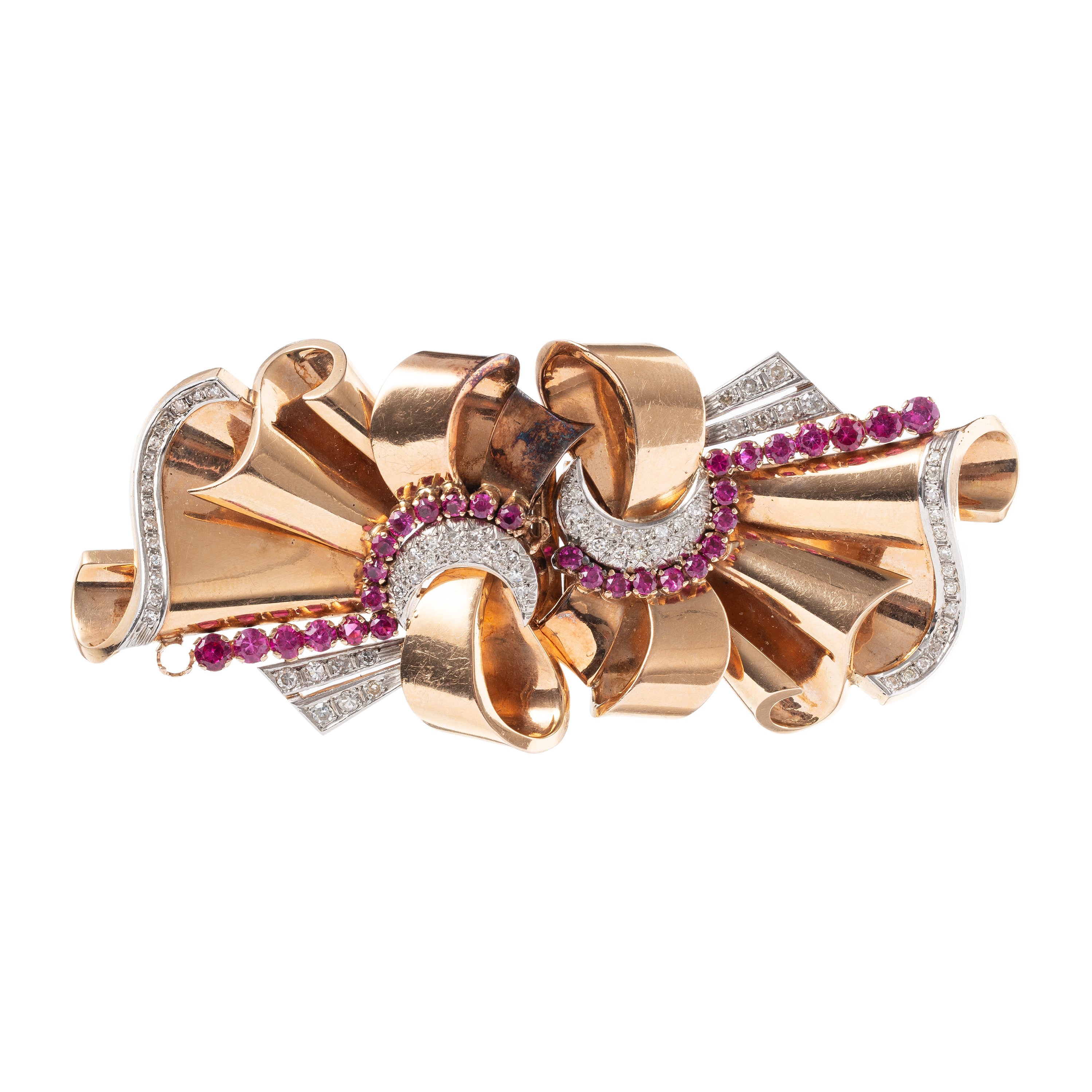 SPILLA IN 3 ELEMENTI IN ORO ROSA 18 KT CON PIETRE ROSSE E BRILLANTINI