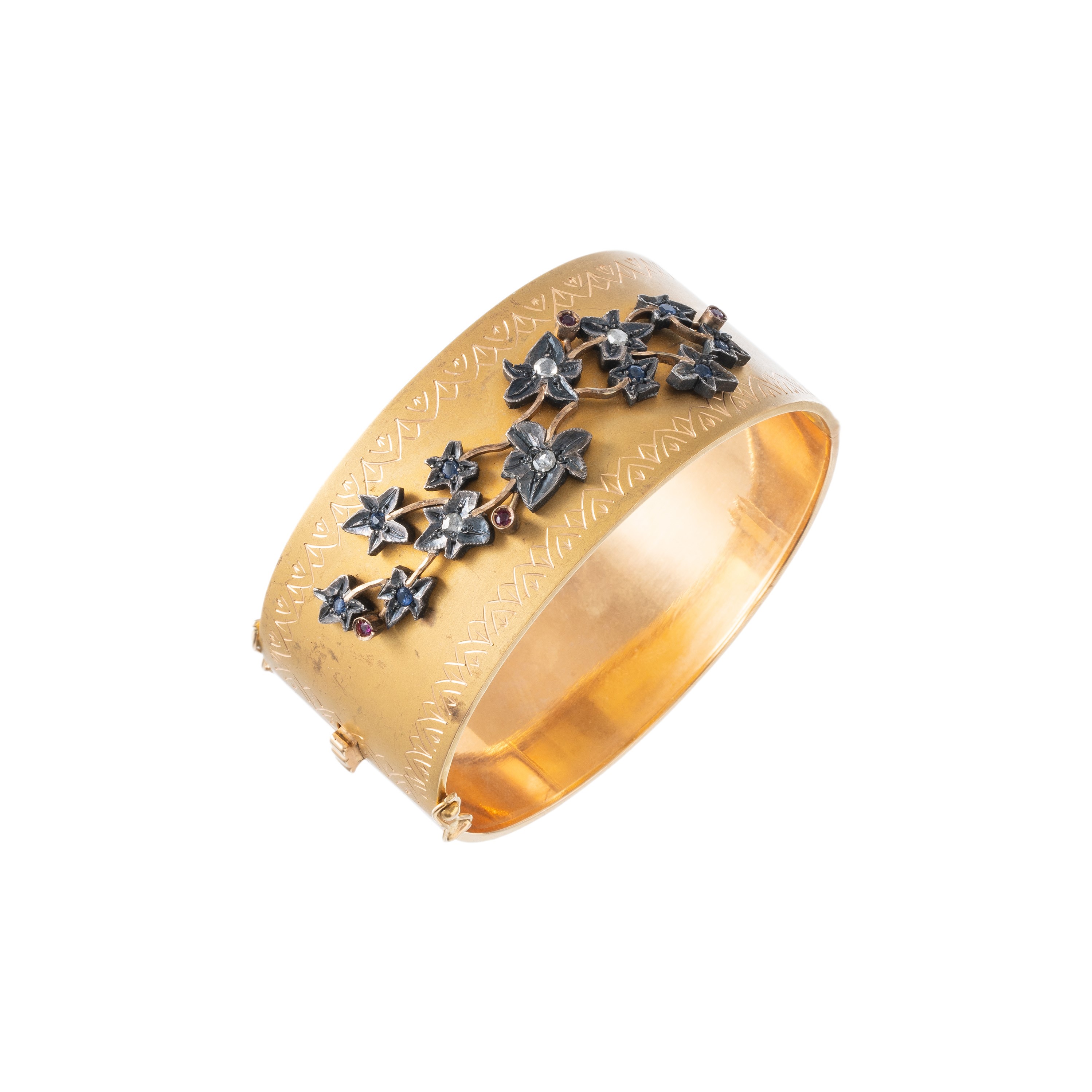 BRACCIALE ALLA SCHIAVA IN ORO GIALLO 18KT, ARGENTO BRUNITO, ROSETTE DI DIAMANTI