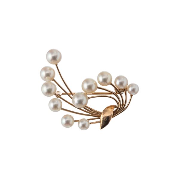 SPILLA IN ORO GIALLO 18 KT CON 11 PERLE COLTIVATE