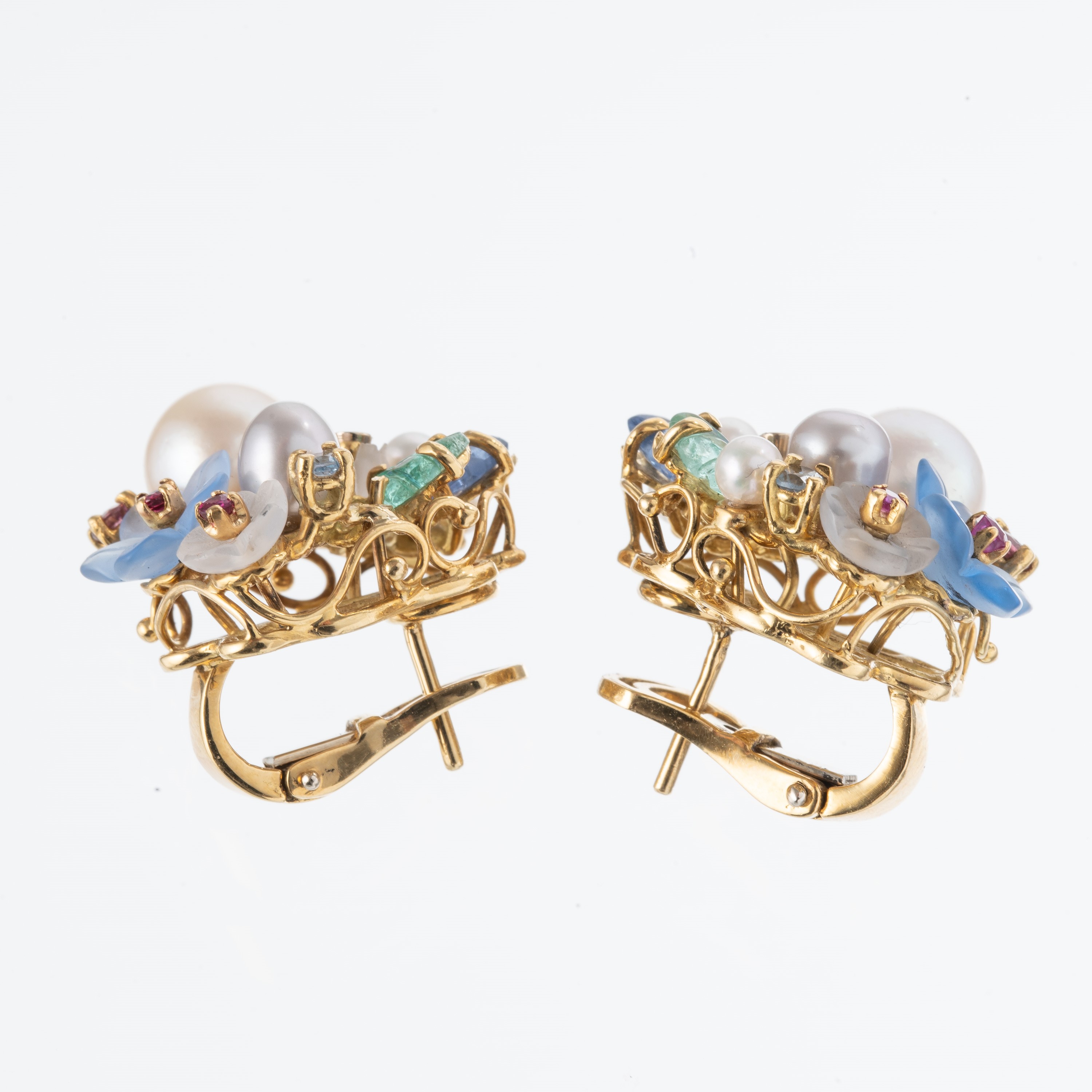 ORECCHINI IN ORO BIANCO 18 KT CON PERLE, ZAFFIRI,SMERALDI E PIETRE SEMI PREZIOSE