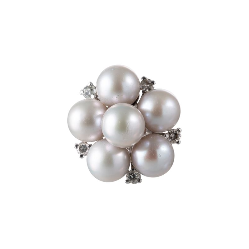 ANELLO IN ORO BIANCO 14KT CON PERLE E DIAMANTI