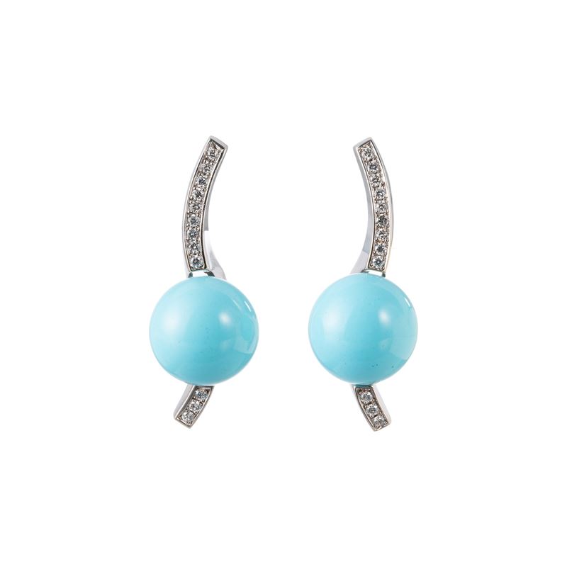 RUTIGLIANO - PARURE PARURE COMPOSTA DA ANELLO IN ORO BIANCO 18 KT E TURCHESE E DIAMANTI ; ORECCHI...