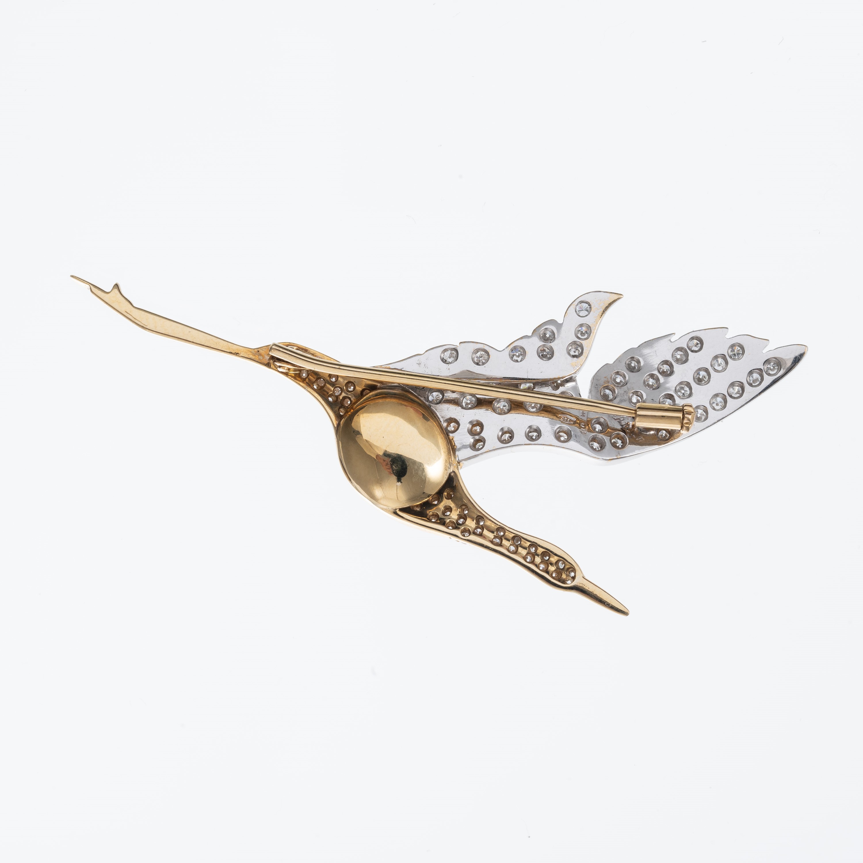 SPILLA IN ORO BIANCO E ORO GIALLO 18KT A FORMA DI UCCELLO CON PERLA GRIGIA E DIAMANTI