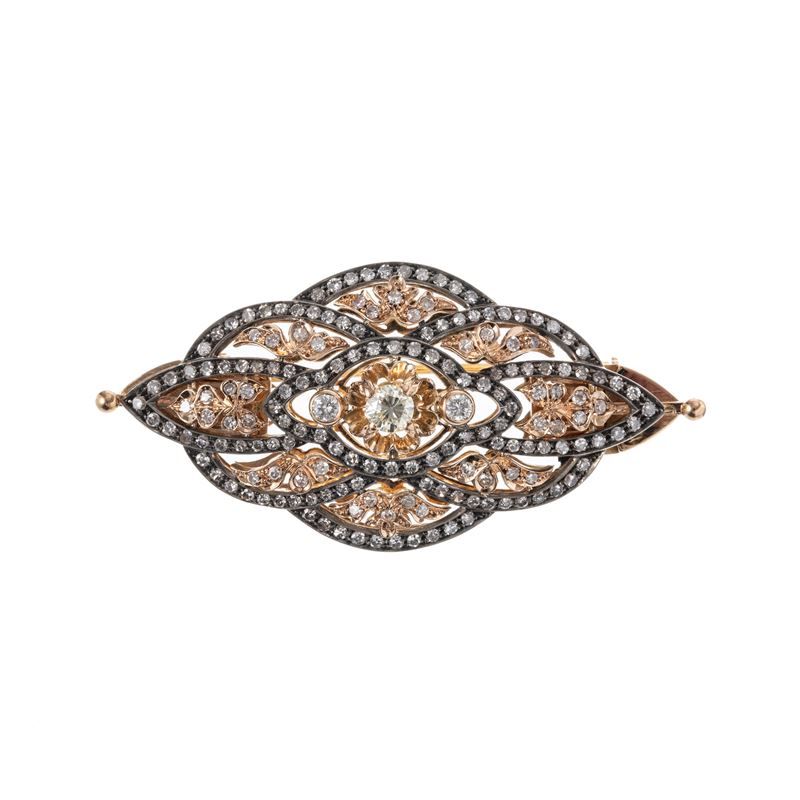 SPILLA TRASFORMABILE IN PENDENTE IN ORO ROSSO 18KT E ARGENTO BRUNITO CON DIAMANTE CENTRALE E CONT...