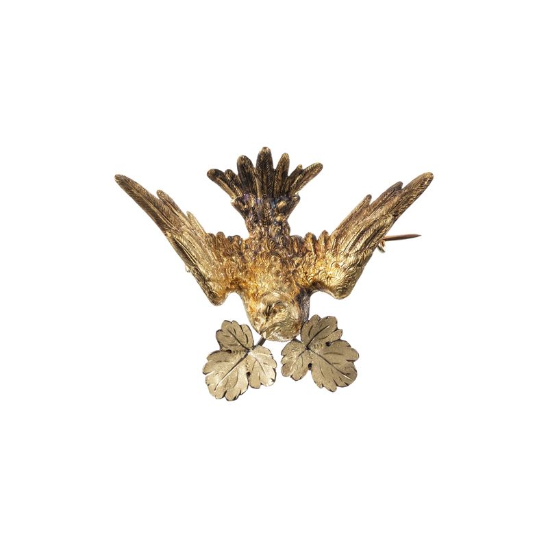 SPILLA/CIONDOLO IN ORO GIALLO 18 KT A FORMA DI UCCELLO DI SCUOLA FIORENTINA FINEMENTE SBALZATA E ...