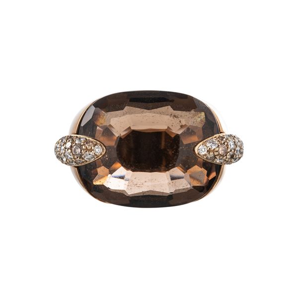 POMELLATO - PIN UP ANELLO IN ORO ROSA 18KT CON QUARZO FUME’ E DIAMANTI BROWN