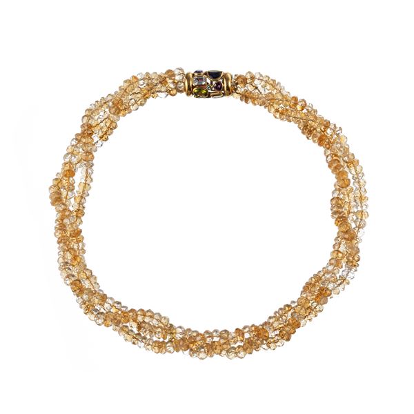 COLLANA A TORCHON DI QUARZI CITRINI SFACCETTATI CON CHIUSURA IN ORO GIALLO 18KT CON INCASTONATE PIETRE SEMI PREZIOSE IN FANTASIA