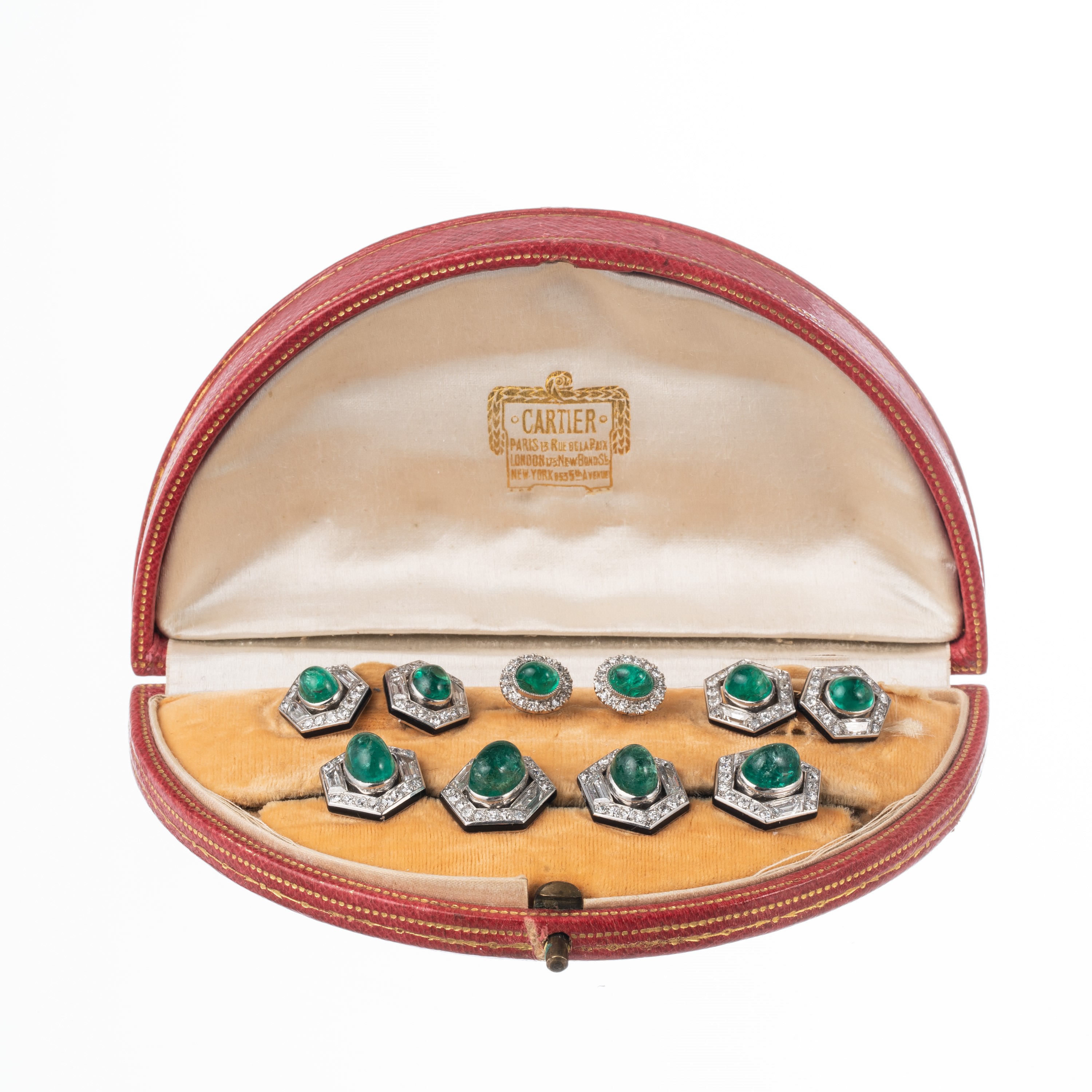 CARTIER - SET DI GEMELLICINQUE SET DI GEMELLI CARTIER IN PLATINO E ORO GIALLO 14KT CON SMERALDI E...