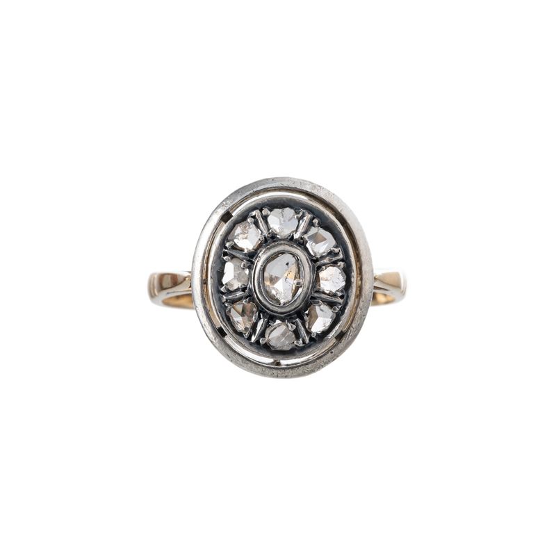ANELLO IN ORO GIALLO 18 kt E ARGENTO CON ROSETTE DI DIAMANTE
