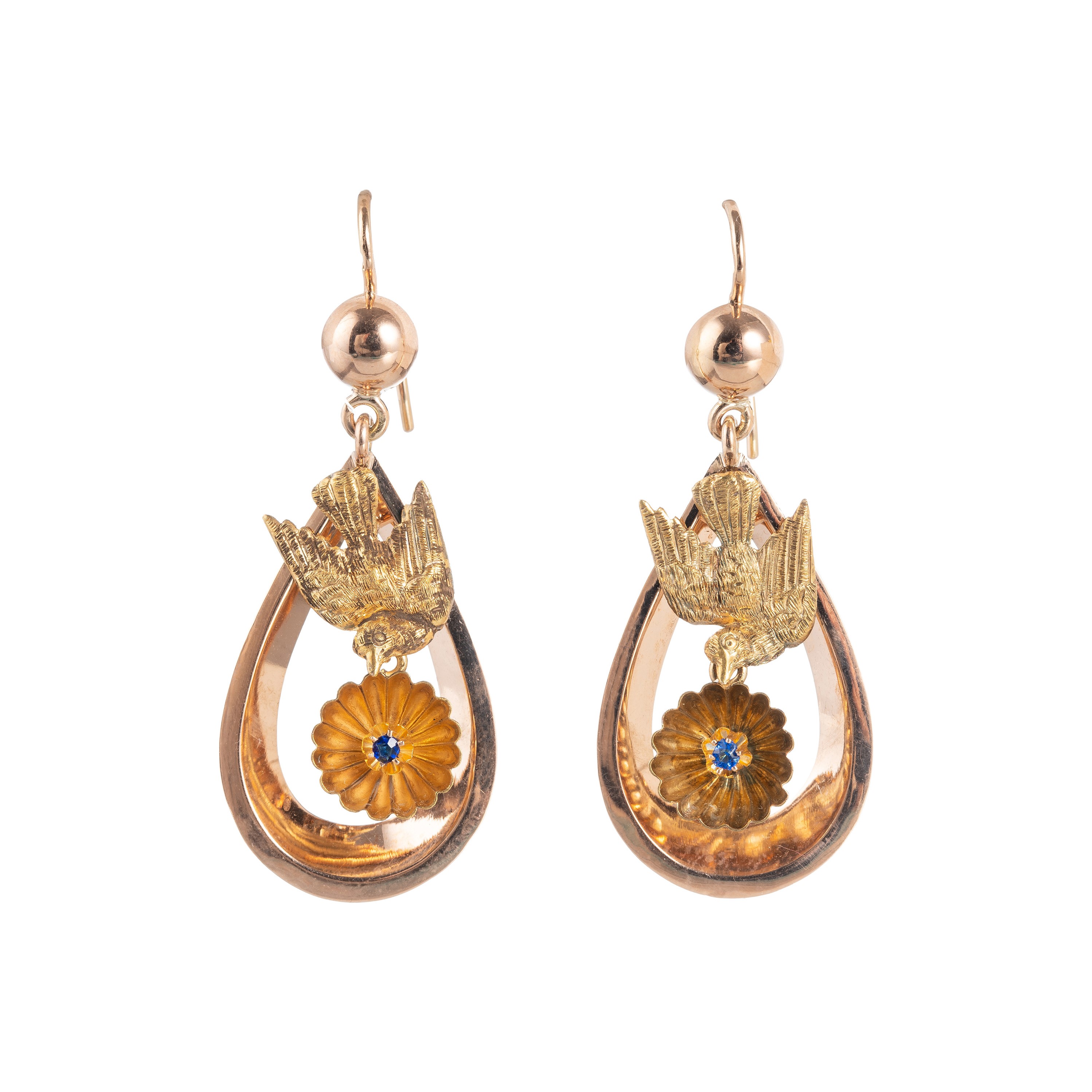 ORECCHINI CON UCCELLINI IN ORO ROSSO E GIALLO CON ZAFFIRI