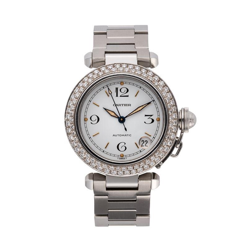 CARTIER - PASHAOROLOGIO A CARICA AUTOMATICA IN ACCIAIO CON GHIERA IN DIAMANTI E DATARIO AD ORE QU...