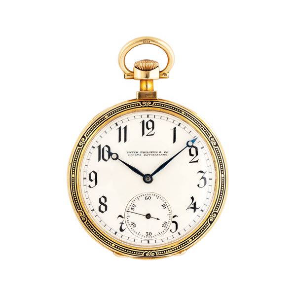 PATEK PHILIPPE - PATEK PHILIPPE 18KT YELLOW GOLD MANUAL WINDING POCKET WATCH WITH PORCELAIN DIAL AND MACHINED CASE