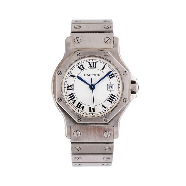CARTIER - CARTIER - SANTOS OCTAGON SELF-WINDING STEEL WATCH WITH WHITE DIAL AND DATE WINDOW AT THREE O'CLOCK