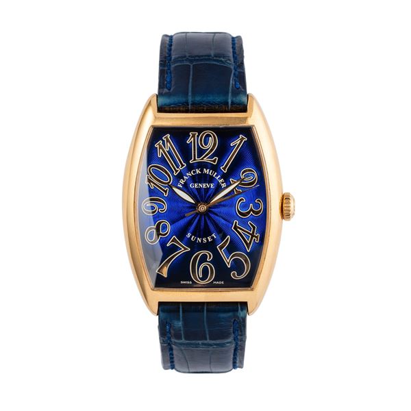 FRANCK MULLER - FRANK MULLER - SUNSET 18KT YELLOW GOLD WATCH WITH BLUE LACQUERED GUILLOCHE' QUANDRANT