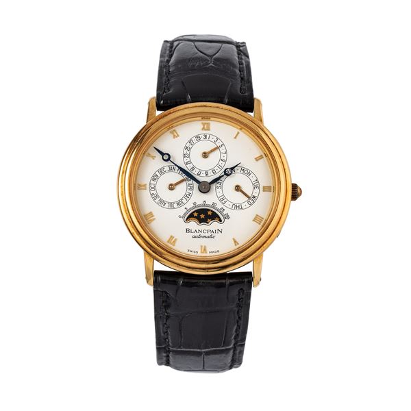 BLANCPAIN - BLANCPAIN - VILLERET PERPETUAL CALENDAR AUTOMATIC WINDING PERPETUAL CALENDAR IN 18KT YELLOW GOLD, WHITE DIAL AND MOON PHASE AT 6 O'CLOCK.